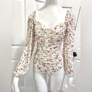 Lulus Floral Mesh Floral Print Puff Sleeve Bodysuit Ruched Lined Body Size Small